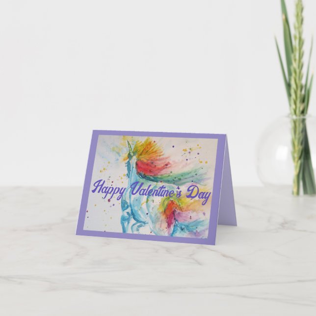 Unicorn Watercolor Painting Valentines Day Card (Front)