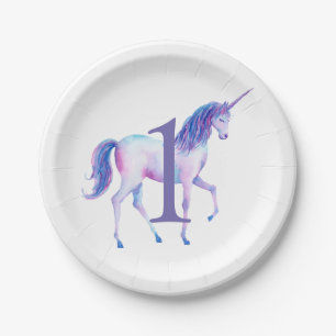 Unicorn Watercolor Personalized First Birthday Paper Plates