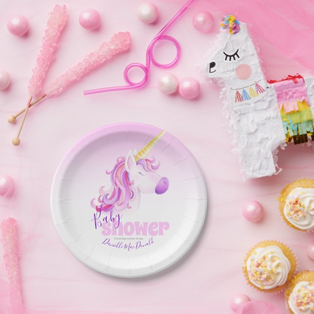 Unicorn watercolor pink baby shower plates (Party)