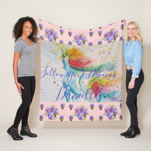 Unicorn Watercolor Pink Floral Girls Name Blanket