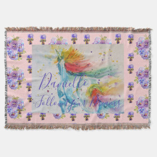 Unicorn Watercolor Pink Floral Girls Name Blanket