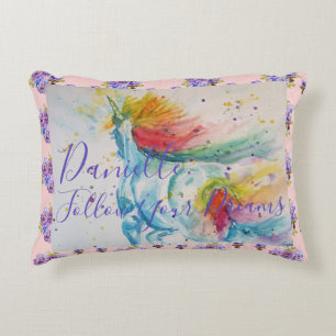Unicorn Watercolor Pink Floral Girls Name Blanket Accent Pillow
