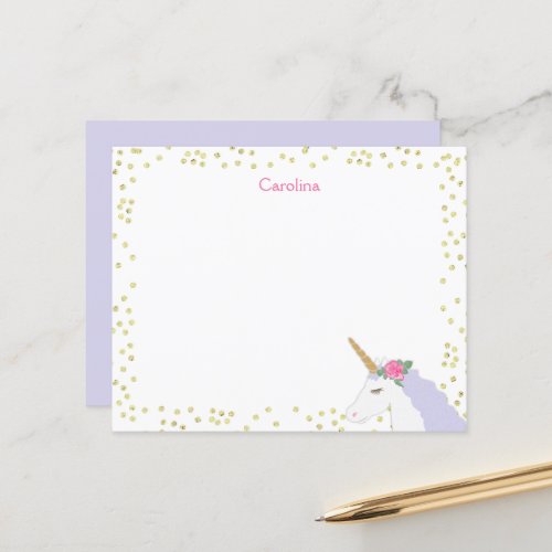 Unicorn Watercolor Pink Gold Dot Girls Note Card