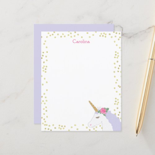 Unicorn Watercolor Pink Gold Dot Girls Note Card