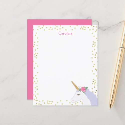 Unicorn Watercolor Pink Gold Dot Girls Note Sheet