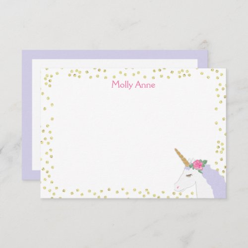 Unicorn Watercolor Pink Gold Dot Girls Stationery Note Card
