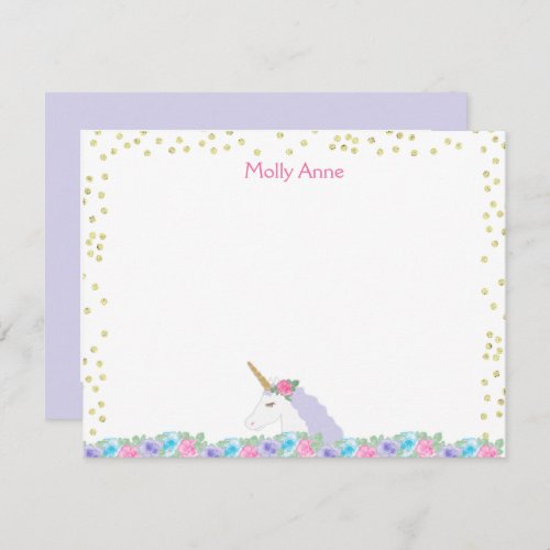 Unicorn Watercolor Pink  Gold Girls Stationery Note Card
