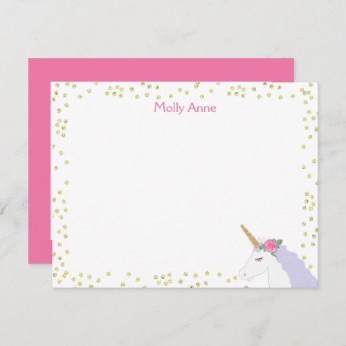 Unicorn Watercolor Pink Purple Gold Dot Stationery Note Card