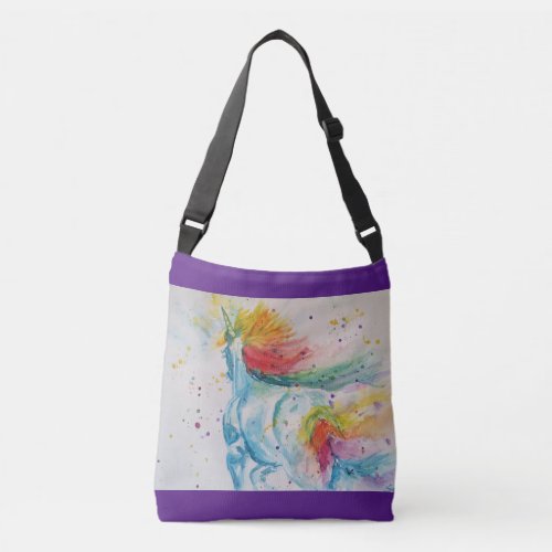 Unicorn Watercolor Rainbow Purple Floral art Crossbody Bag
