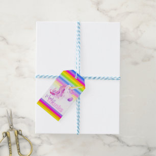 Unicorn watercolor rainbow stripes gift tag
