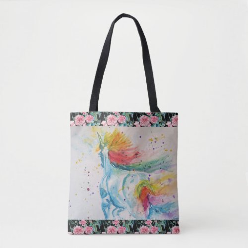 Unicorn Watercolor Rainbow Teal Roses Floral art Tote Bag
