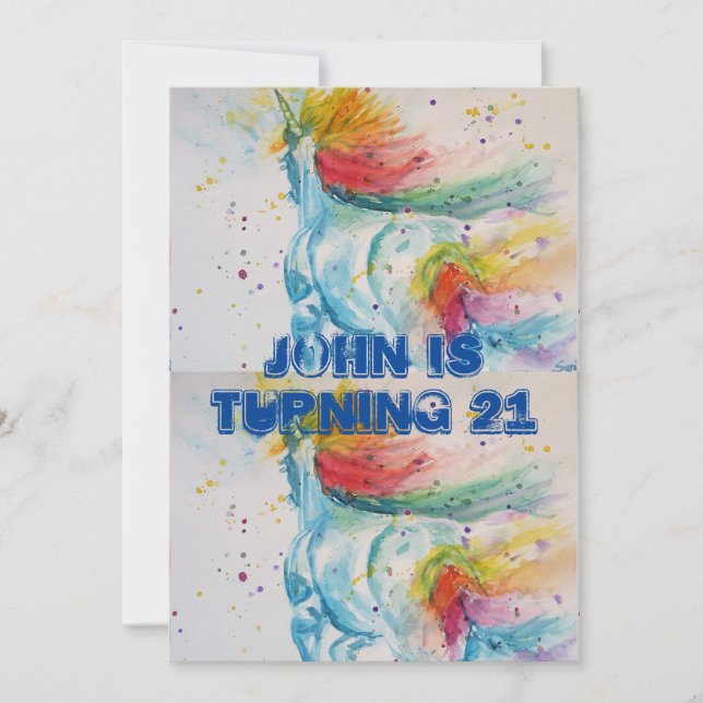 Unicorn Watercolour Mans 21st Birthday Invitation (Front)