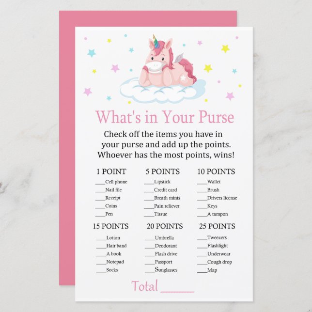 Unicorn What's in your purse game (Front/Back)