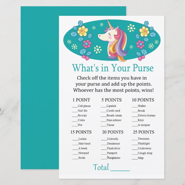 Unicorn What's in your purse game baby shower (Front/Back)