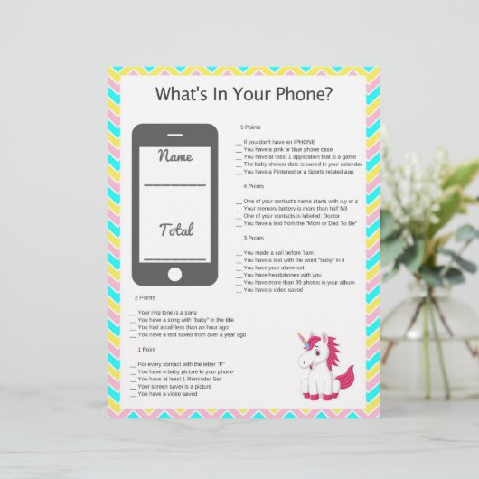 Unicorn What's On Your Phone? Baby Shower Game (Standing Front)