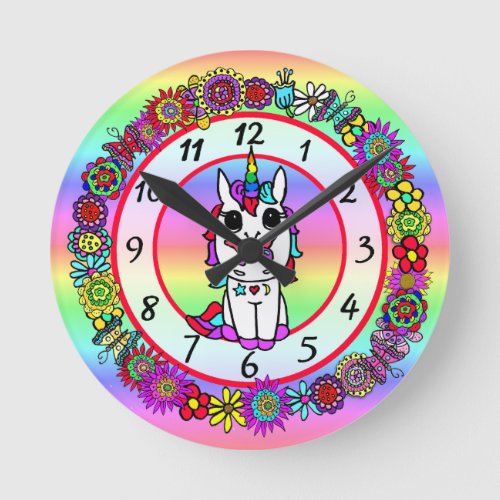 Unicorn  Whimsical Folk Art Girls Round Clock