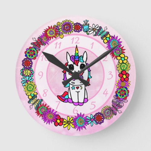 Unicorn  Whimsical Folk Art Girls Round Clock