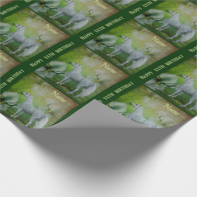 Unicorn White Lilies Fantasy Horse Personalized Wrapping Paper (Corner)