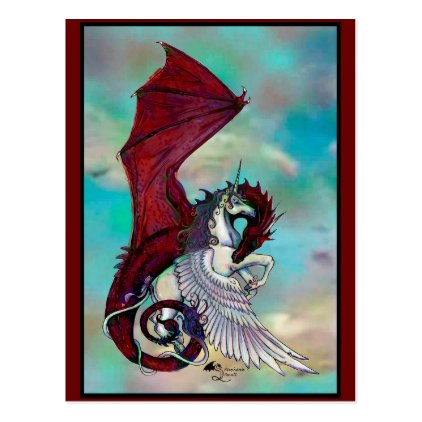 Unicorn Winged Pony Pegacorn Wyrm Red Dragon Horse Postcard