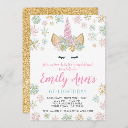 Unicorn Winter Birthday Invitation