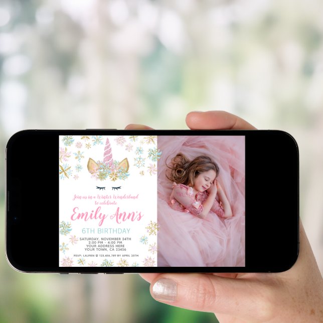 Unicorn Winter Birthday Invitation with Photo (Front Digital)