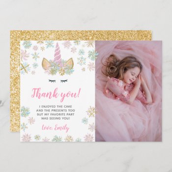 Unicorn Winter Birthday Thank You Cards With Photo by PrinterFairy at Zazzle