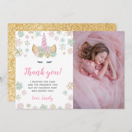 Unicorn Winter Birthday Thank You Cards With Photo