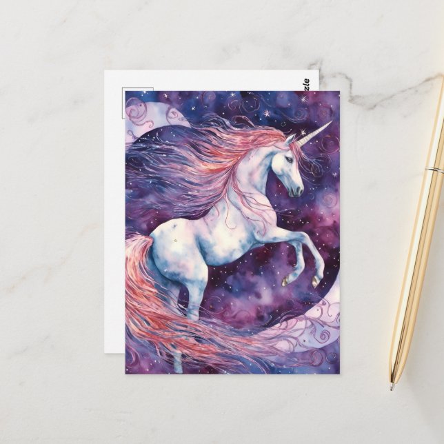 Unicorn with a Pink Mane Fantasy Postcard (Front/Back In Situ)