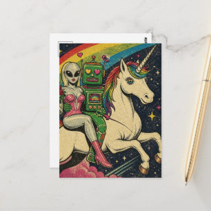Unicorn With Alien and a Robot in Love Postcard