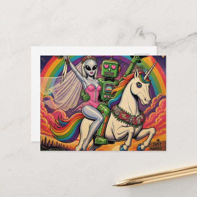 Unicorn With Alien Bride and a Robot Groom Postcard (Front/Back In Situ)