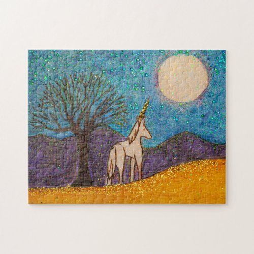Unicorn with an oak tree looking at the moon jigsaw puzzle