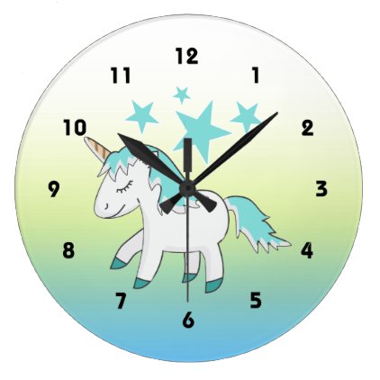 Unicorn with Blue Mane and Tail Green Background Large Clock