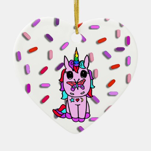 Unicorn with Butterfly on Nose Candy Sprinkles Ceramic Ornament