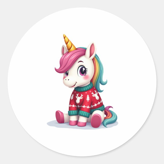 Unicorn with Christmas Sweater Unicorn Girls Chris Classic Round Sticker (Front)