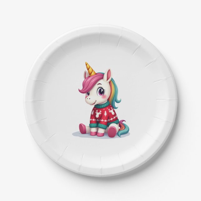 Unicorn with Christmas Sweater Unicorn Girls Chris Paper Plates (Front)