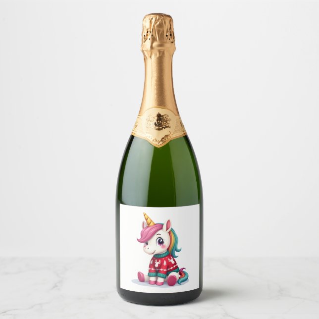 Unicorn with Christmas Sweater Unicorn Girls Chris Sparkling Wine Label (Front)