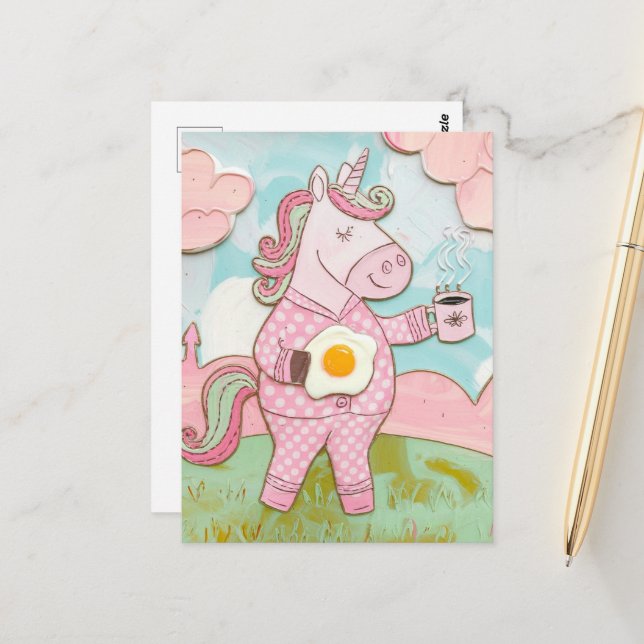 Unicorn With Coffee and Egg Postcard (Front/Back In Situ)