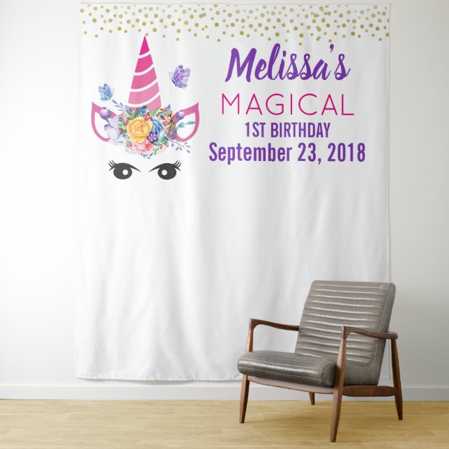 Unicorn with Confetti Birthday Photo Backdrop (In Situ)