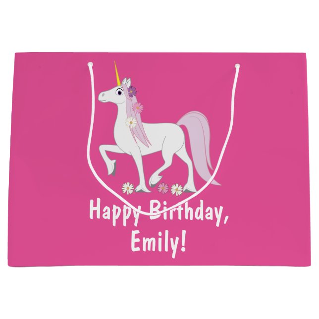 Unicorn with Daisies Birthday Name Customizable Large Gift Bag (Front)