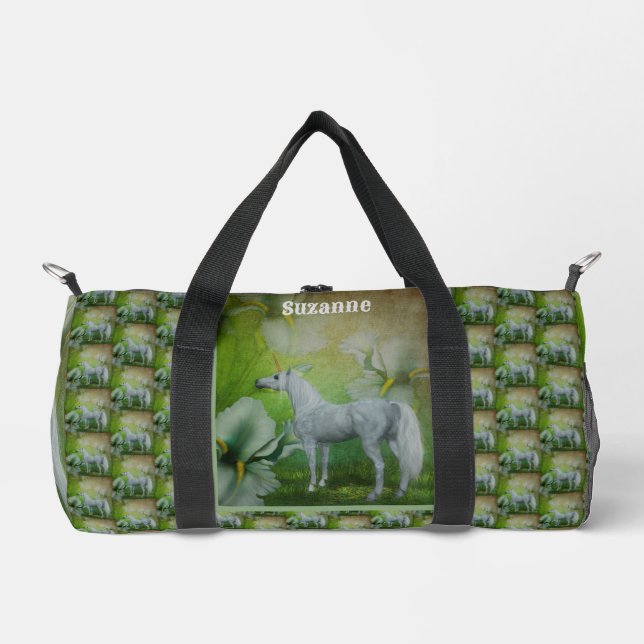Unicorn With Fantasy Flowers Personalized Duffle Bag (Front)