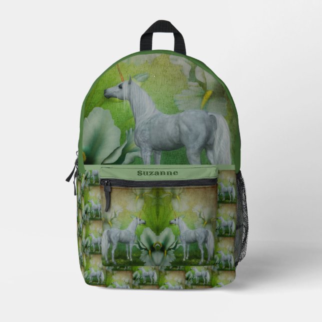 Unicorn With Fantasy Flowers Personalized Printed Backpack (Front)