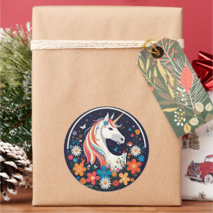 Unicorn with Flowers and Butterflies Navy Blue Classic Round Sticker