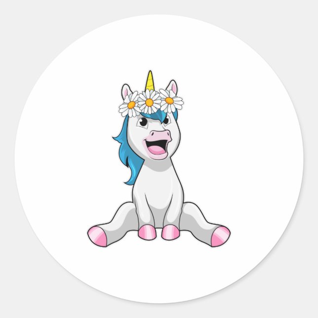 Unicorn with Flowers Daisy Classic Round Sticker (Front)
