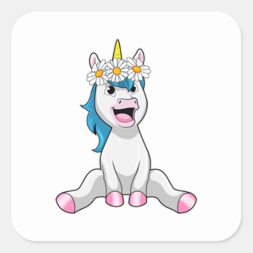 Unicorn with Flowers Daisy Square Sticker