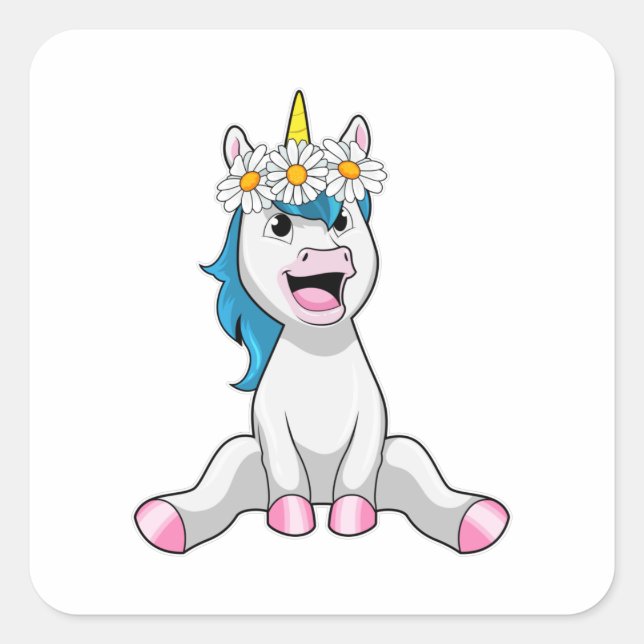 Unicorn with Flowers Daisy Square Sticker (Front)