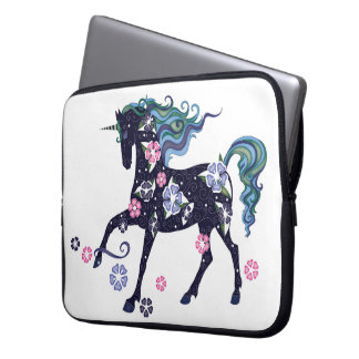 Unicorn with flowers, dark blue laptop sleeve