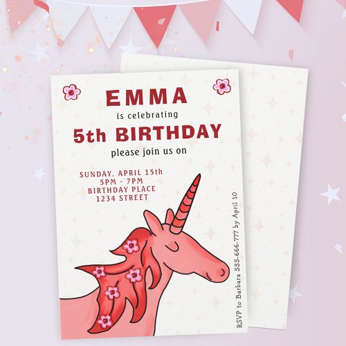 Unicorn with Flowers Girls Birthday Party  Invitation