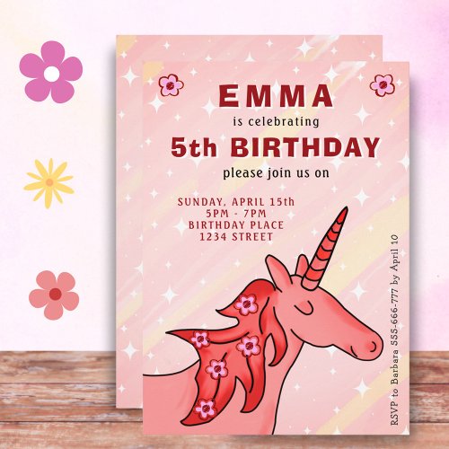 Unicorn with Flowers Girls Birthday Party Invitation