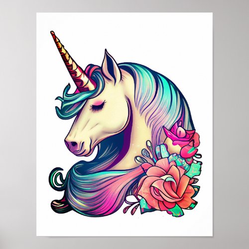 Unicorn with Flowers Vector Art Poster