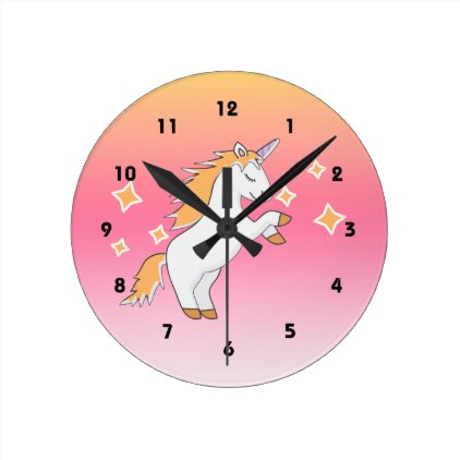 Unicorn with Golden Mane and Tail Pink Background Round Clock